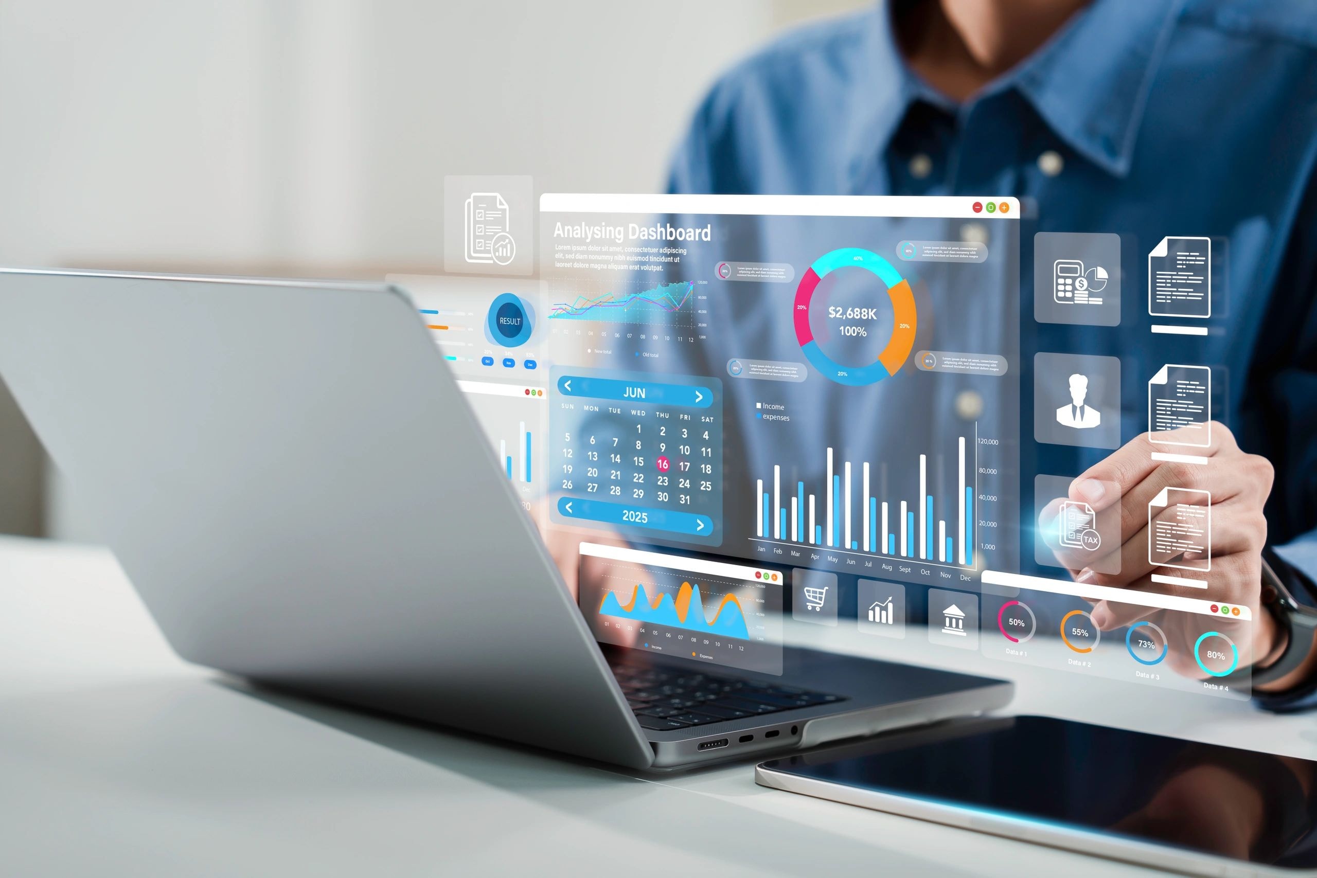 Professional with holographic analytics dashboard